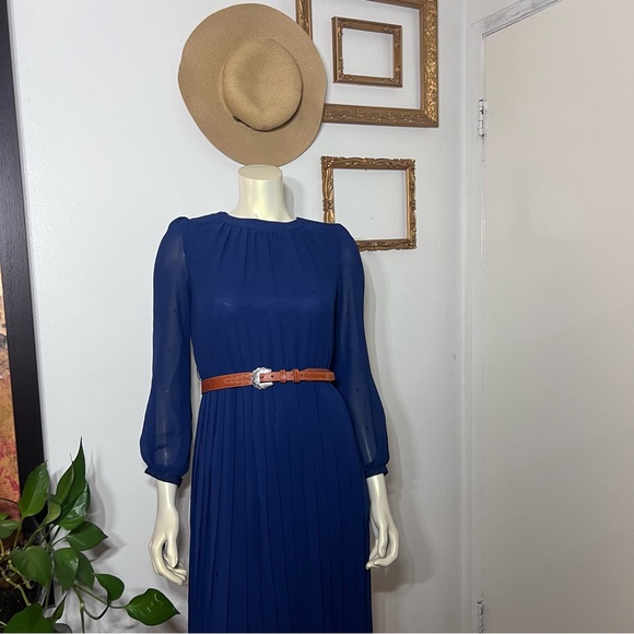 Vintage Ralph Baker Dress Navy Blue Pleated Skirt Chiffon Midi Dres Midi Size 6 - Picture 11 of 16